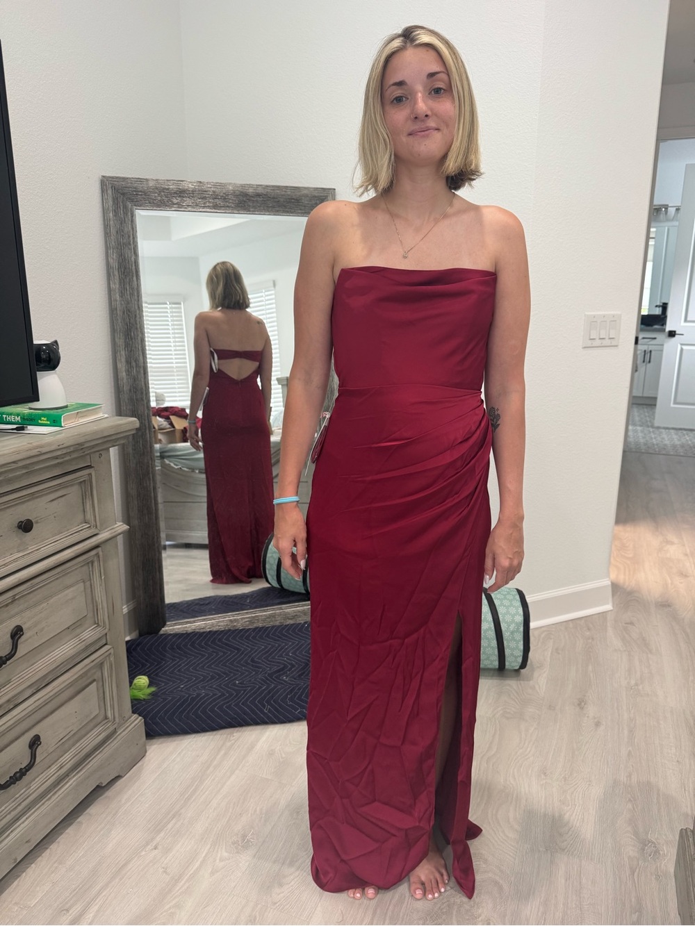 Azazie Strapless stretch Satin Burgundy Leonis Gown